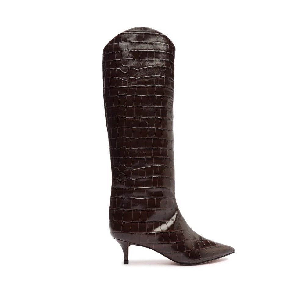 Schultz Maryana Lo Crocodile-Embossed Leather Boot, Dark Chocolate, sz 8